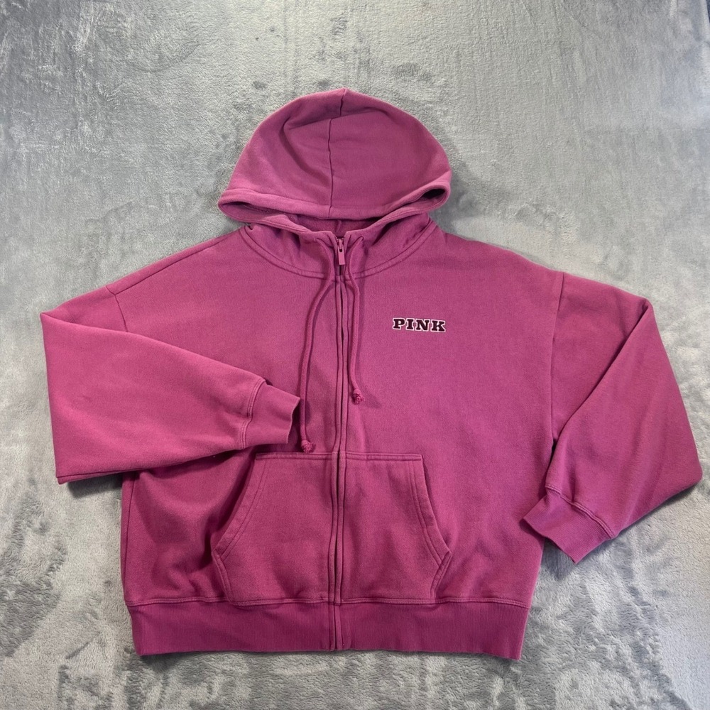 PINK Victorias Secret Zip Up Hoodie Women Medium Magenta Purple Embroidered Logo